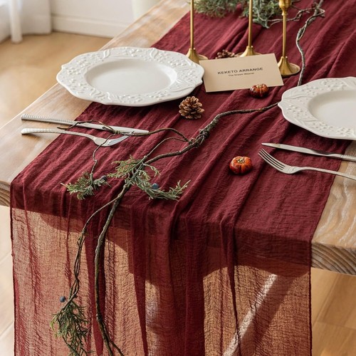 Set of 6 Burgundy 120-Inch Cheesecloth Runners for Elegant Weddings & Parties - Picture 3 of 8