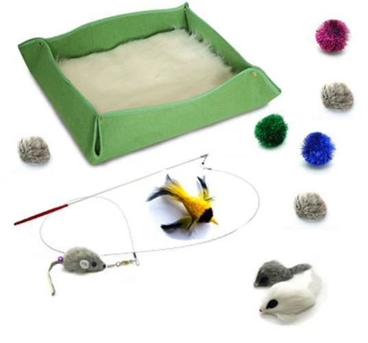 Kats'N Us Cat Starter Kit with Bed (18" x 17" x 4") - Green - Wand Teaser Set