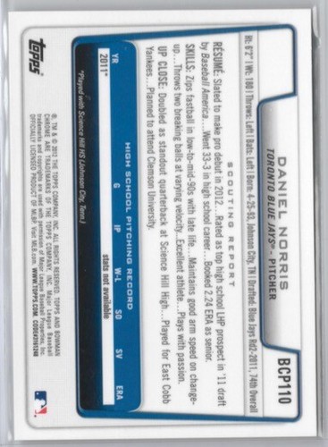 2012 Bowman Chrome Prospects Auto Daniel Norris #BCP110 Toronto Blue Jays - Picture 2 of 2