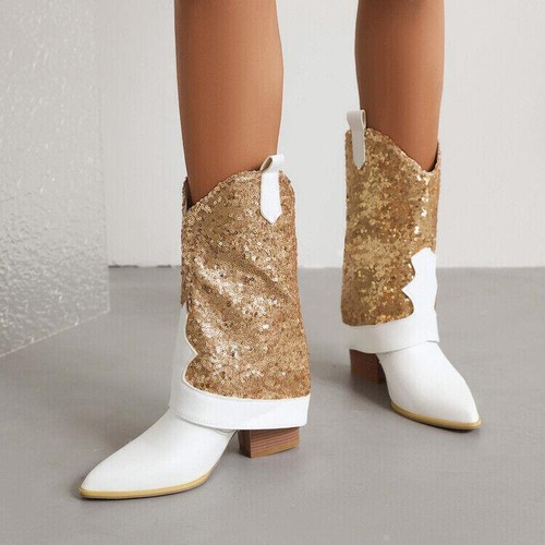 Mode Damen spitz zulaufend Pailletten klobiger Absatz halbhohe Stiefel Freizeit Party Abschlussball - Bild 7 von 10