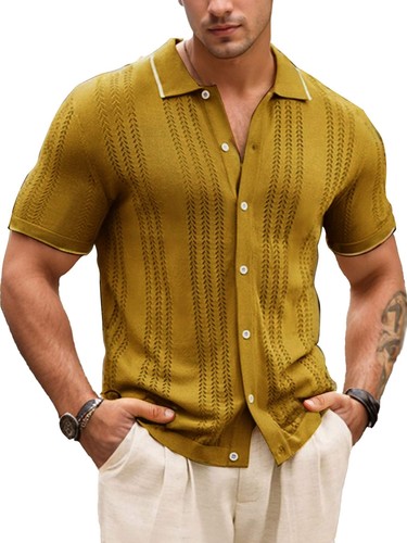 Mens Knit Polo Shirt Breathable Hollow Out Casual Texture Button Down Shirts - 第 13/14 張圖片