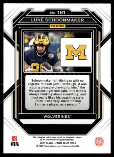 2023 Panini Prizm Draft Picks Luke Schoonmaker Michigan Wolverines #161 - Picture 2 of 2