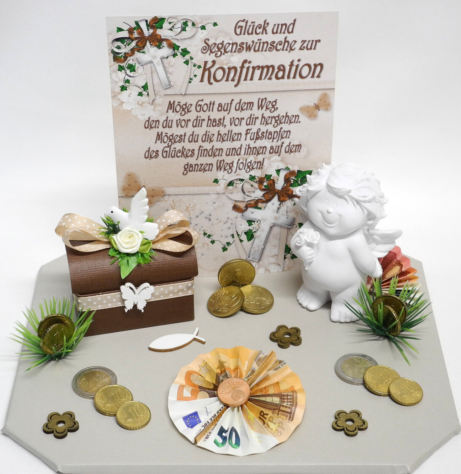 Geldgeschenk Konfirmation ☘ Engel Geschenkschachtel Truhe dekoriert ☘ Deko taupe