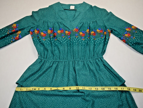 Vintage Midikleid Gr. S/M 70er Jahre smaragdgrün Glanz weiß Punkte rot blau geblümt - Bild 6 von 12