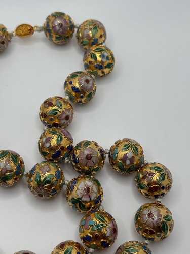 Vintage chinesische Cloisonne Emaille Blume goldfarbene Perlenkette - Bild 6 von 18