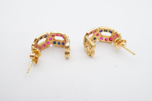 14k Yellow Gold 1 Carat Ruby And Sapphire J Hoop Earrings  - Picture 6 of 8