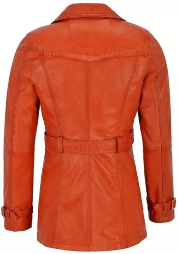 Orange Trench New Women's Coat Stylish Handmade Lambskin Genuine Leather Casual - Picture 2 of 6