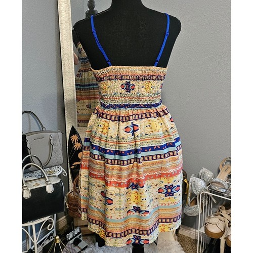 Women’s Retro Boho Hippie Geometric Print Corset Fit & Flare Mini Dress, Size M - Picture 2 of 3