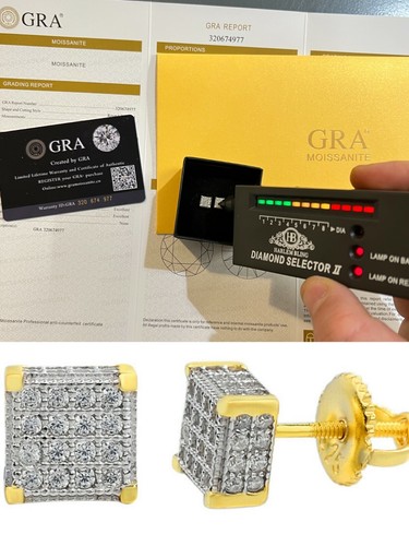 Real Moissanite 14k Gold Plated Iced Hip Hop Earrings Stud Pass Diamond Tester - Picture 1 of 14