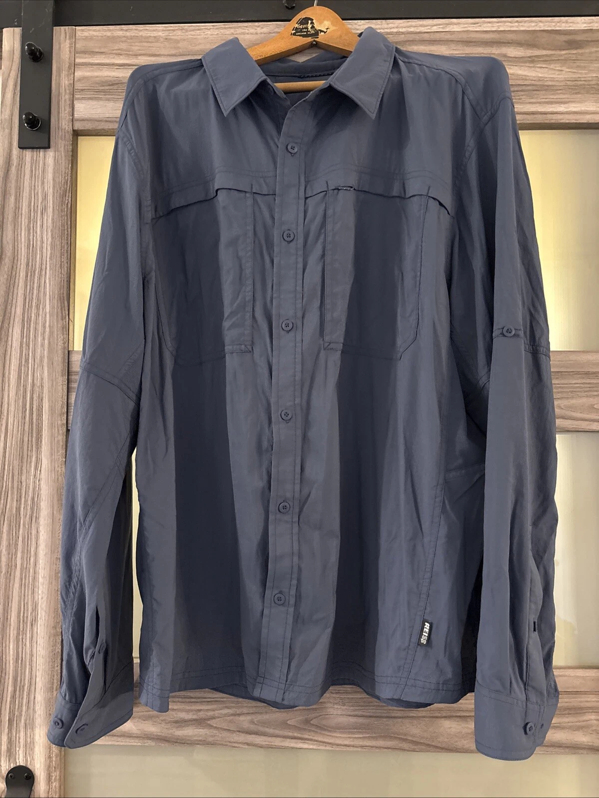 REI CO-OP Shirt Men Performance Nylon Stretch Vented Roll Tab Button Up Blue XL