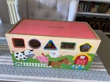 Childs Wooden Activity Cube Box Blocks Shape Sorter Chalk Board Farm Animals