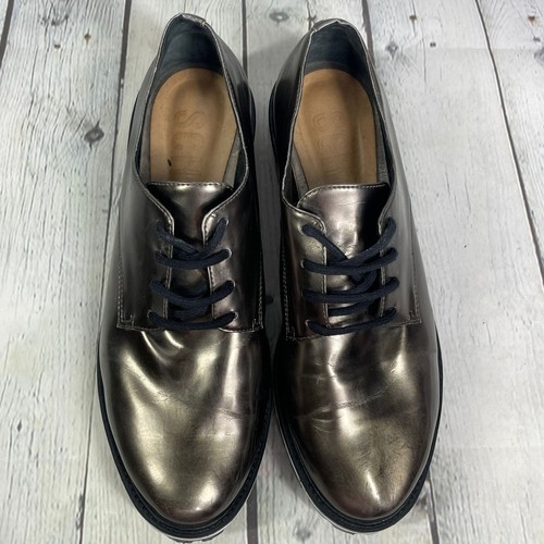 Schutz Oxford Loafers 7.5 Silver Methallic Leather Lace Up Chunky Low Heel Shoes - Picture 13 of 16