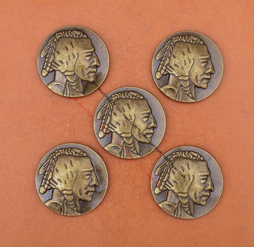 10X  BRASS BUFFALO NICKEL INDIAN HEAD LEATHERCRAFT SADDLE BRIDLE WALLET CONCHOS - Picture 1 of 10