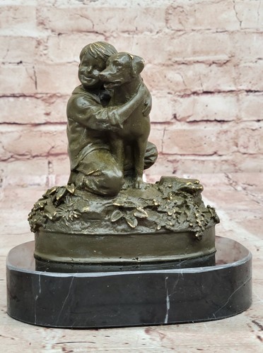 Estatua de bronce genuina firmada por M. López niño con perro escultura obra de arte estatuilla - Imagen 3 de 10