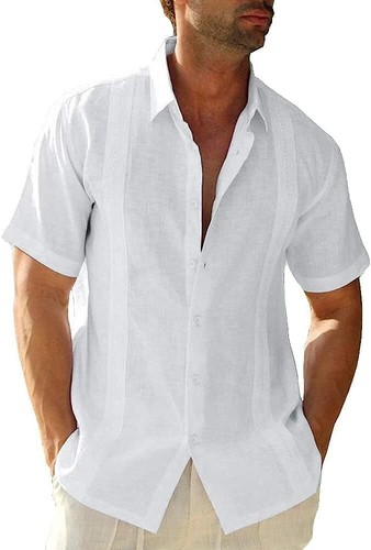 Camisa Guayabera De Colección Hombres Algodón Lino Manga Corta Cubana Abotonada - Imagen 2 de 42
