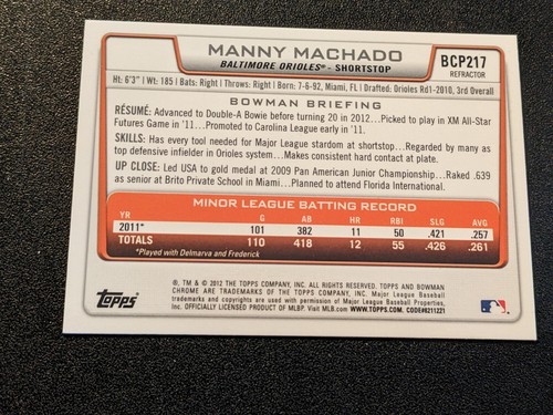 2012 Bowman Chrome Prospects Refractor Manny Machado RC #BCP217 Orioles Padres - Picture 2 of 2