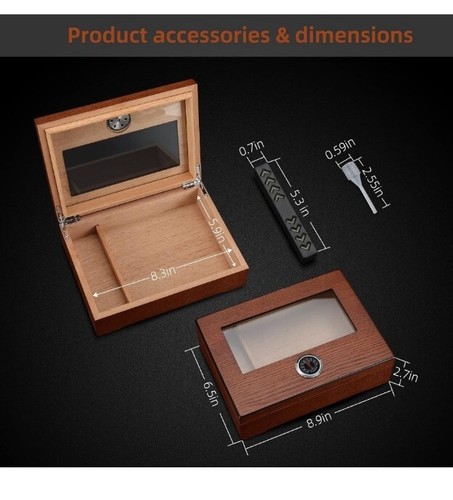 TISFA Zigarren Humidor, Zigarrenkiste mit Glasdeckel und Hygrometer Luftbefeuchter, Zeder - Bild 4 von 9