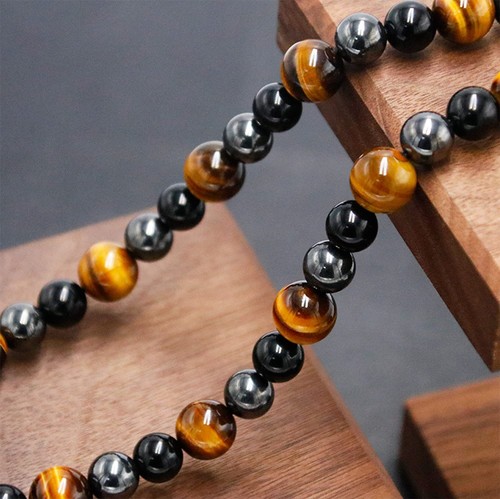 Collar de triple protección vintage para hombre ojo de tigre piedra de obsidiana hematita ojo - Imagen 2 de 26