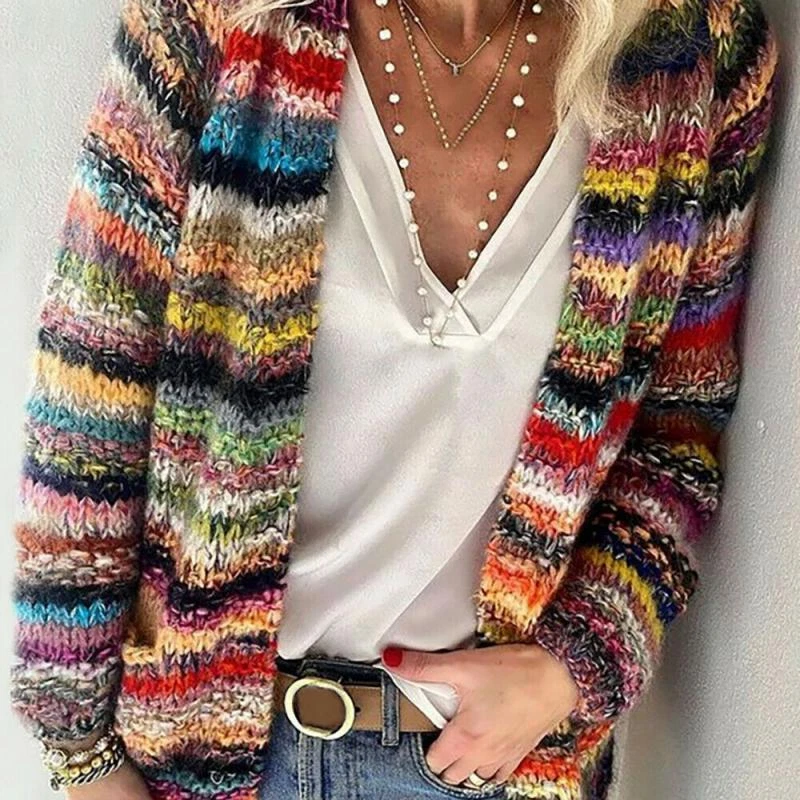 Womens Rainbow Chunky Knitted Cardigan Winter Casual Long Sleeves