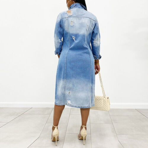 Women Ripped Denim Long Coat Jeans Open Front Cardigan Oversize Button Up Jacket - Picture 6 of 15