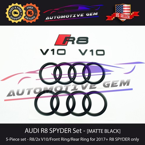 AUDI R8 Emblem BLACK Hood Trunk Ring V10 Rear Logo Badge COUPE SPYDER Combo Set - Picture 6 of 9