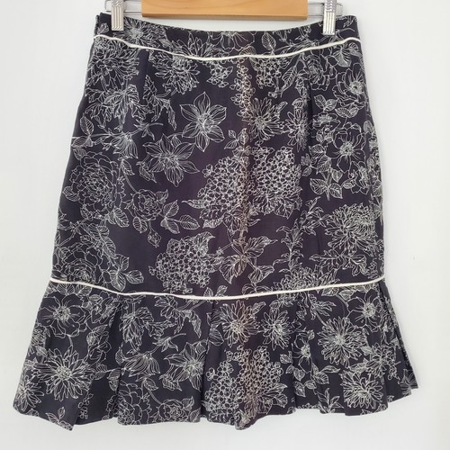 ANN TAYLOR LOFT Sz 6 100% Linen Black Cream Floral Skirt Side Zip Pleated Hem - Picture 8 of 13