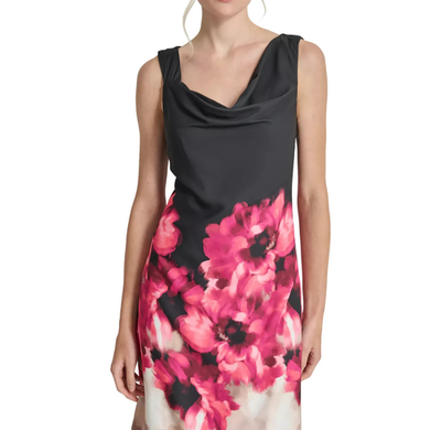 Dkny Women's Floral Asymmetric Cowlneck MIDI Dress Size 2US - Black Multi  for sale online | eBay