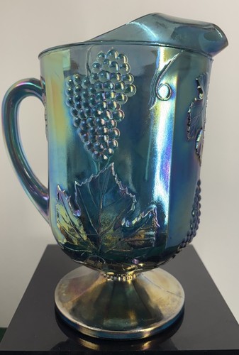 Blue Carnival Glass By Indiana Glass-Harvest Grape Pitcher-10”Tall - Picture 3 of 15