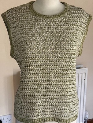 Offener Strickpullover Weste salbeigrün cremefarben Metallicfaden UK 12 14 Medium von M&S