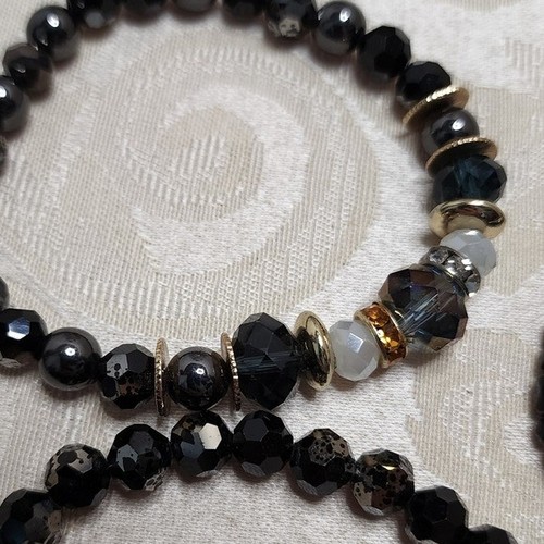 VINTAGE 80s 3PC GLASS BEAD STRETCH BRACELETS STERLING SILVER GOLD PLATED Charm - Picture 6 of 10