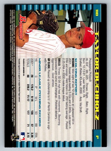 2002 Bowman #118 Taylor Buchholz Rookie Card Philadelphia Phillies - Picture 2 of 2