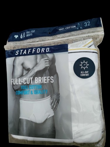 Stafford Underwear 6 Pack 100% Cotton Full Cut White Briefs Men's Size 32 NWT