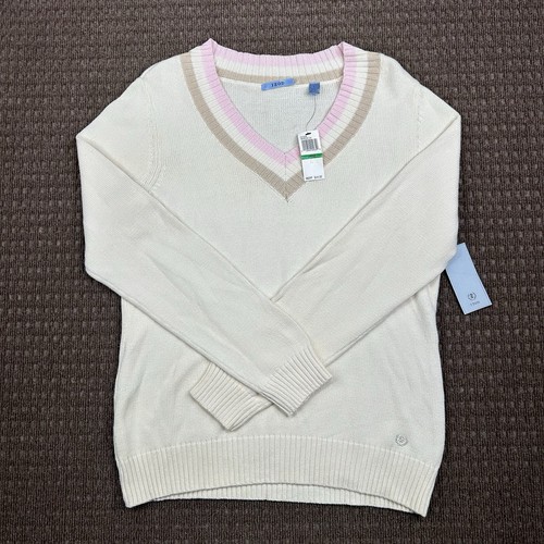 Izod V Neck Sweater Women’s Large White/Cream Cotton New With Tags
