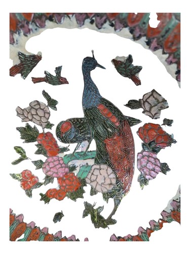 Vintage Floral Etched Painted Brass Peacock Bowl 7.5" - Picture 2 of 5