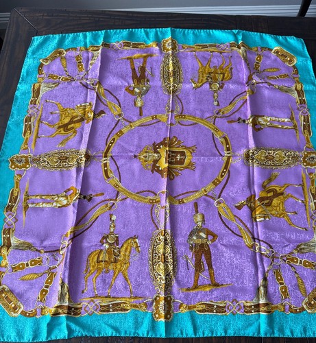 Vintage Greek Silk Scarf Purple Turquoise Gold Equestrian Military Print - Picture 12 of 12
