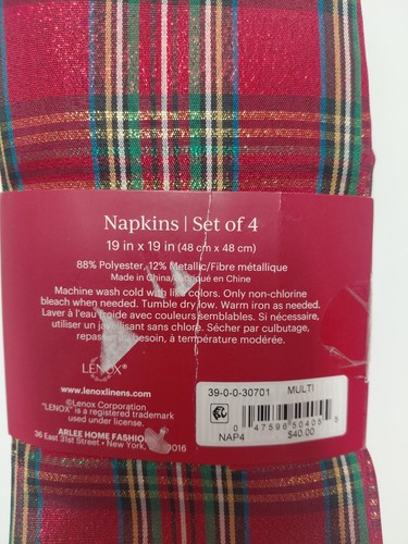 (4) Servilletas de tela escocesa Lenox Holiday Nouveau Dazzle 19x19 rojo dorado - Imagen 3 de 3