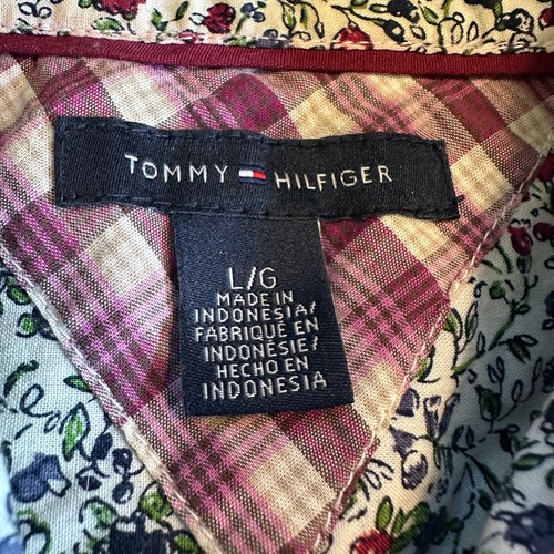 Camisa TOMMY HILFIGER para mujer con botones lengüeta enrollable floral cabaña roja azul multi L - Imagen 2 de 7