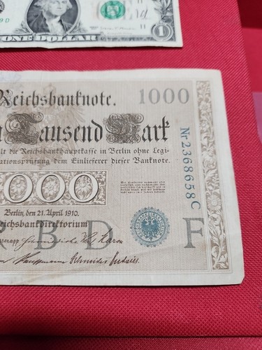 VINTAGE 1910 GERMANY 1000 MARK REICHSBANKNOTE Circulated World Money NICE Condit - Picture 2 of 12