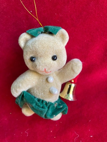 VINTAGE FLOCKED CHRISTMAS TEDDY BEAR Ringing Bell Christmas Ornament - Picture 8 of 8