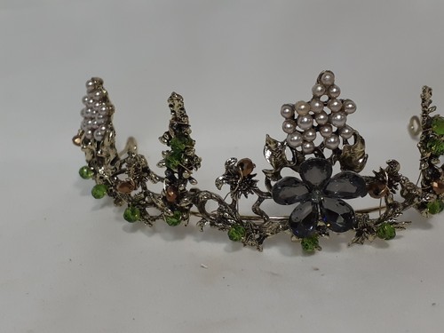 Tiara Crown, Ornate Rhinestones, Faux Pearls, Beads, Green, Beige, Gray, Gold - Picture 2 of 6