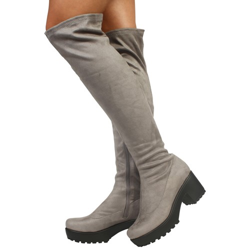 DAMEN BLOCK KLOBIGER ABSATZ PLATEAU DAMEN OVER THE KNEE STRETCH STIEFEL SCHUHE - Bild 10 von 16