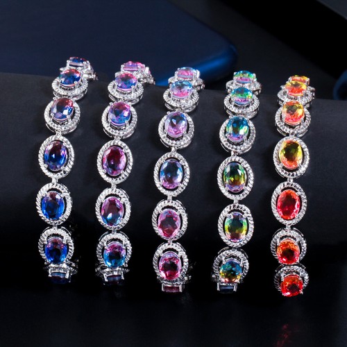 Versilberte feuerrote Regenbogen CZ Runde Kette Oval Armband für Frauen Verlobung - Bild 6 von 18