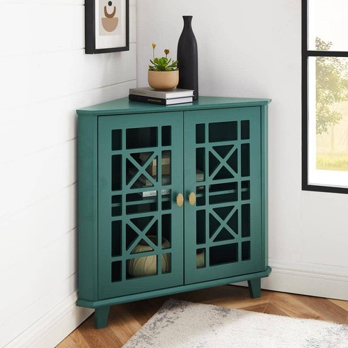 Welwick Designs Corner Accent Cabinet Dark Teal Wood + Glass w/Fretwork Doors
