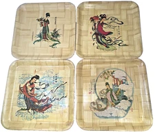 Lot of 4 Vintage 13" Taiwan Chinese Deities on Bamboo Serving Trays