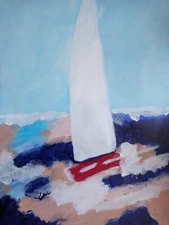  Sailboat, Rough seas, waves, abstract original 14x11 acrylic painting, 