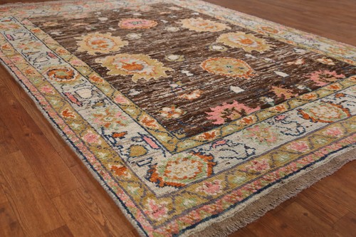 Vegetable Dye Traditional Oushak Turkish Area Rug Hand-Knotted Brown 6x8 ft - Picture 6 of 19