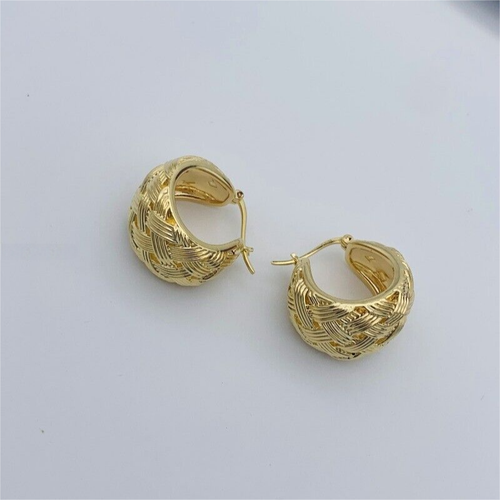 Pure 18K Yellow Gold Lucky Weave Circle Hoop Earrings Women - Picture 10 of 20