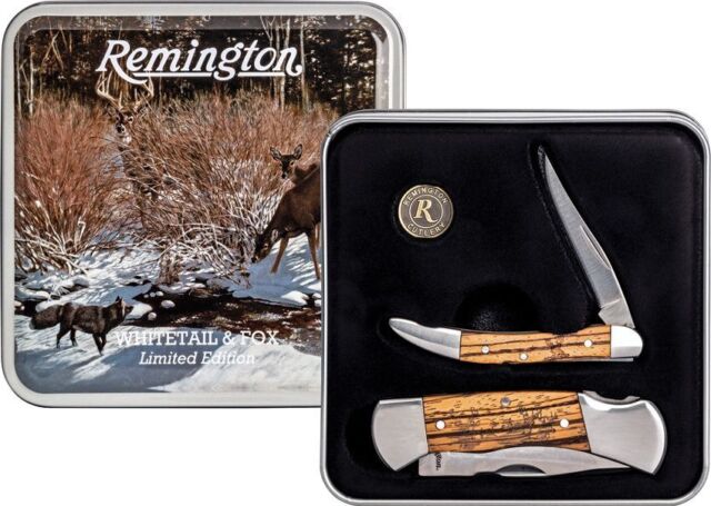 Remington Whitetail & Fox Gift Set Pocket Knife Stainless Steel Blades And Wood Remington Whitetail & Fox Gift Set Pocket Knife Stainless Steel Blades And Wood