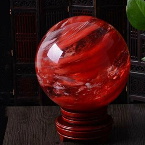 100mm Natural Quartz Crystal Ball Sphere Red Smelting Gemstone Mineral W/ Stand - Picture 3 of 6
