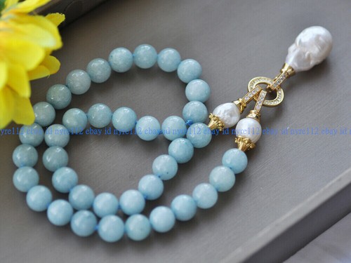 Natürlicher blauer Aquamarin Edelsteine Perlen weiß Keshi Barock Perle Anhänger Halskette - Bild 10 von 12